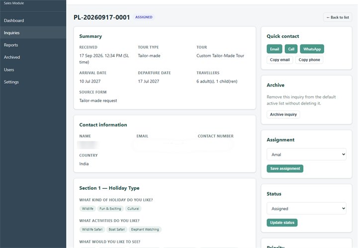 View the individual enquiry record screen.