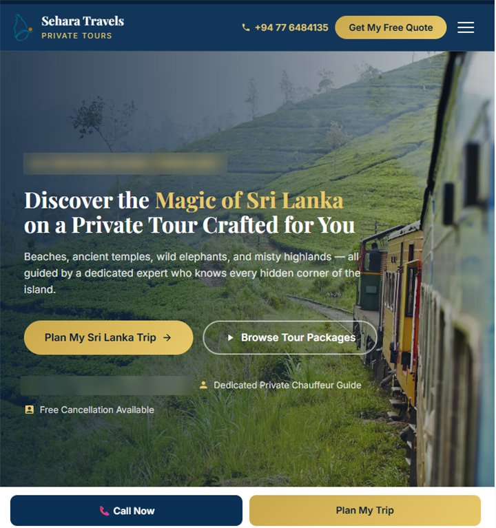 A travel website design concept with destination imagery, private-tour messaging and trip-planning actions.